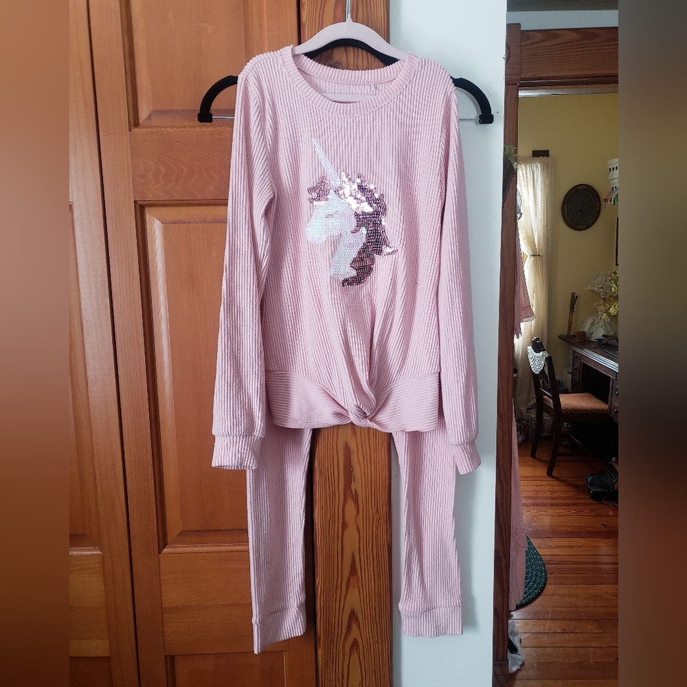 Girls Sweet Dreams By Young HeartsPink Plush Ribbed Sequin Unicorn Pajama Set 12